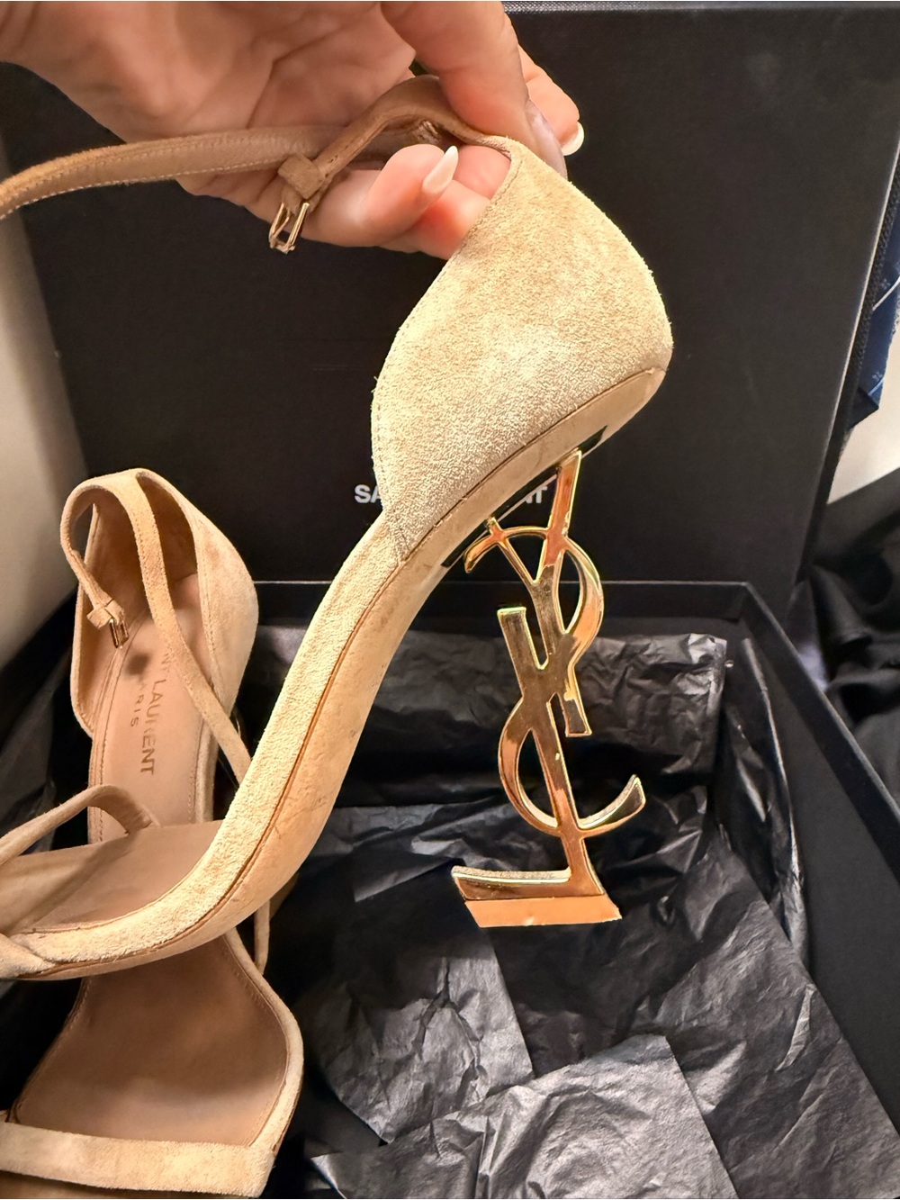 Yves Saint Laurent Nude Suede YSL Logo Stiletto Sandals